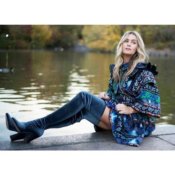 ZARA Over the Knee Boots Stretch Velvet Pointed Toe Block High Heel Blue/ Gray - Picture 4 of 15